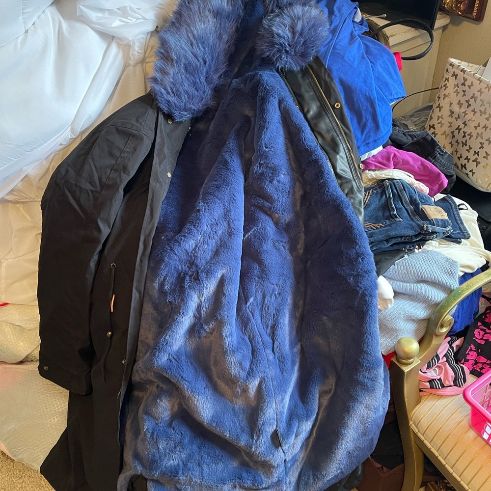 Blue fur knee length winter coat